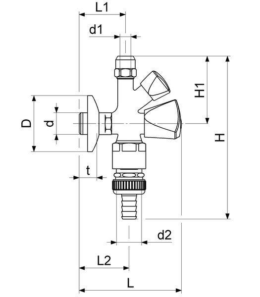 Maßzeichnung eines Kombi-Eckventils mit technischen Angaben zu Länge, Höhe und Durchmesser.