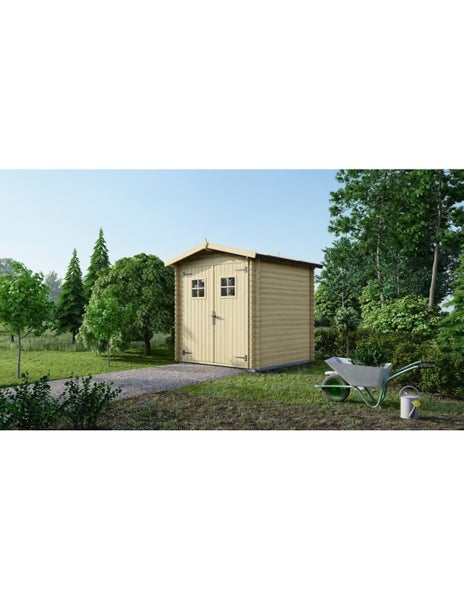 Gartenhaus aus Holz mit Doppeltür und Fenstern in einer Gartenlandschaft mit Schubkarre und Gießkanne.