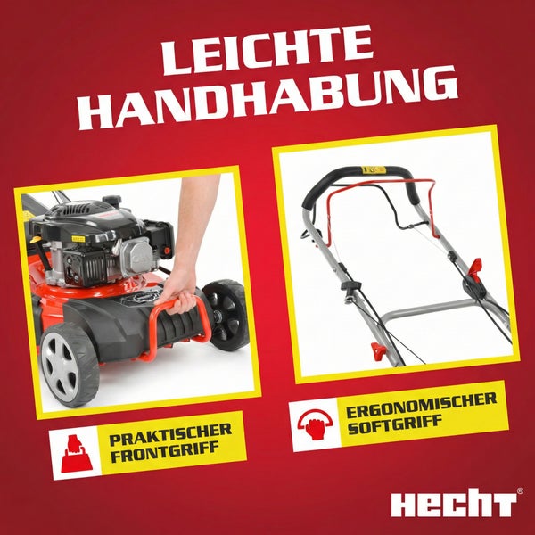 Hecht Rasenmäher Details: praktischer Frontgriff und ergonomischer Softgriff