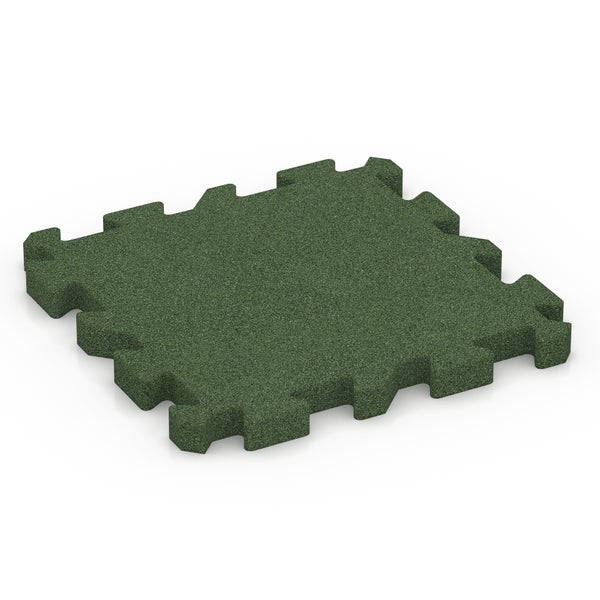 Grüne, quadratische Fallschutzmatte aus Gummigranulat mit Puzzle-Stecksystem.