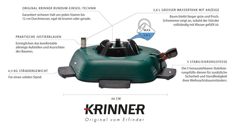 Krinner Weihnachtsbaumständer mit 3,8 Liter Wassertank, Justierklauen und Stabilisierungsfüßen