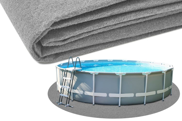 Poolschutzvlies zum Schutz der Poolfolie, abgebildet als Materialprobe und unter einem runden Aufstellpool mit Leiter.