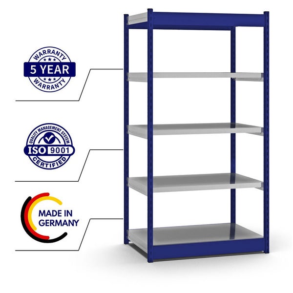 PROREGAL Fachbodenregal Stecksystem Vierkant-Profil Grundregal HxBxT 200 x 102,5 x 60 cm 5 Ebenen Einseitige Bauart Fachlast 200 kg Enzianblau