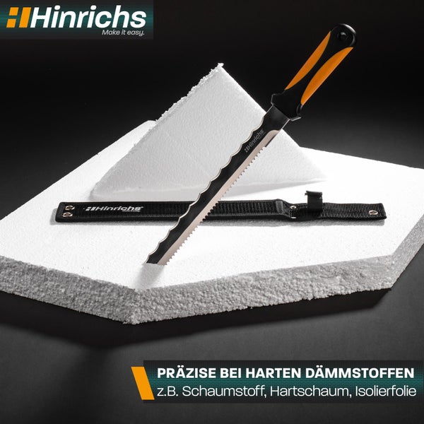 Hinrichs Dämmstoffmesser mit Wellenschliff für Hartschaum und Schaumstoff inklusive schwarzer Schutzhülle. Hinrichs Logo.