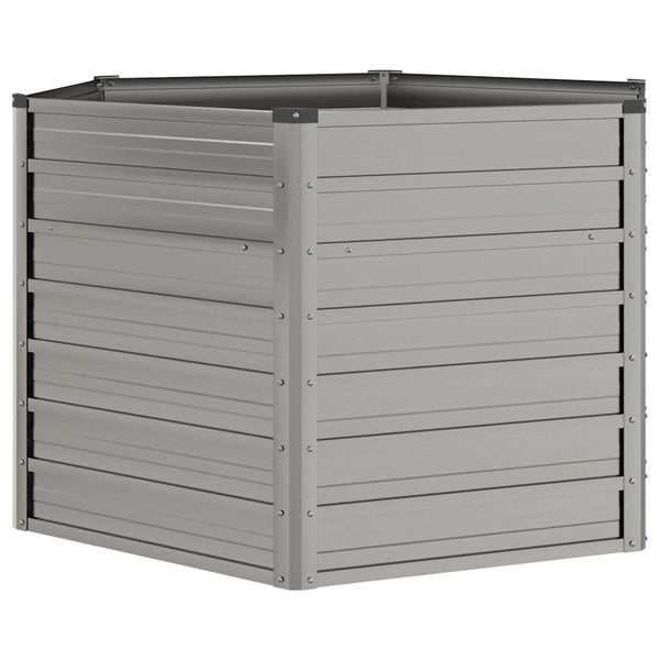 Hochbeet aus Metall mit horizontalen Paneelen und verstärkten Eckpfosten.