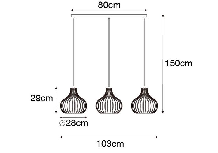 Technische Zeichnung einer Pendelleuchte mit drei Lampen und Maßangaben