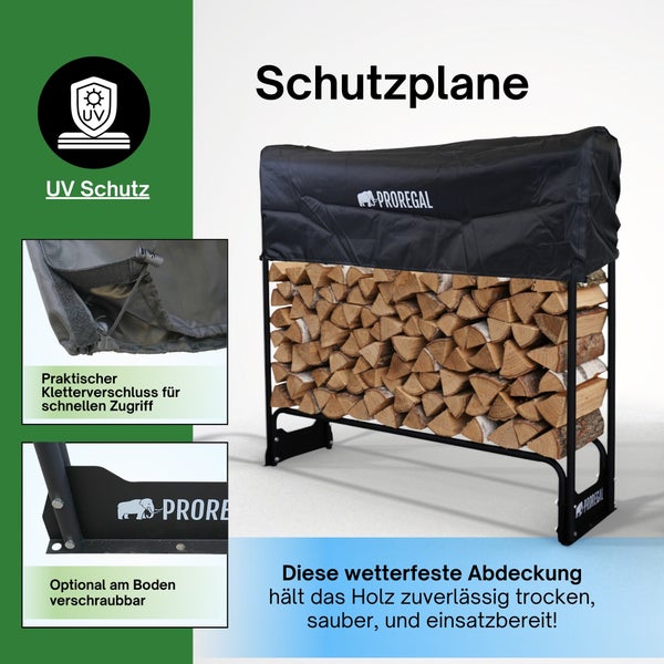 Schwarze Schutzplane für Brennholzregal mit UV-Schutz, Klettverschluss und Bodenbefestigung. Proregal Logo.
