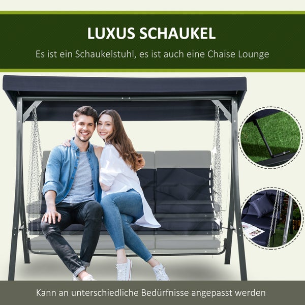 Outsunny Hollywoodschaukel 3-Sitzer, Schaukelbank mit Verstellbarem Sonnendach, Gartenschaukel mit Kissen, bis 270 kg Belastbar, Metall, Texteline, Dunkelblau, 198 x 118 x 168 cm