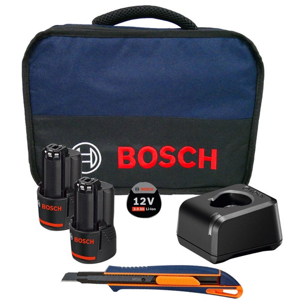 Bosch Starter-Set 12V / 2x 3,0 Ah Akku + Ladegerät GAL 12V-20 inkl. WS24 Cuttermesser 9 mm im Softbag