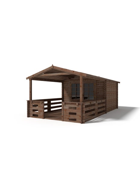 Gartenhaus aus Holz mit überdachter Terrasse, Geländer und zwei Fenstern.