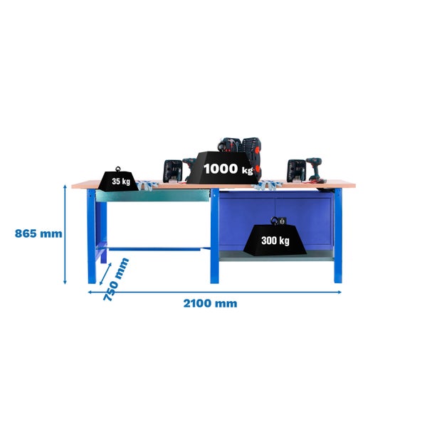 Werkbank BUFFALO WOOD mit 1x Schublade + Schrank| HxBxT 86,5x210x75cm | Traglast 1000kg | Blau