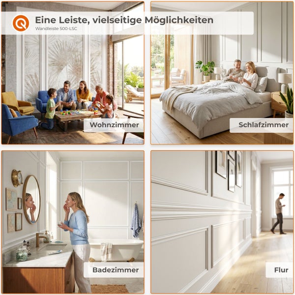 Anwendungsbeispiele der Wandleiste 500-LSC in verschiedenen Wohnräumen wie Wohnzimmer, Schlafzimmer, Badezimmer und Flur mit klassischem Design.
