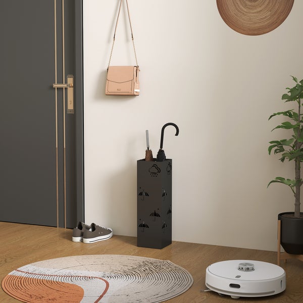 HOMCOM Schirmständer Regenschirmhalter mit 4 Haken, abnehmbare Wasserauffangschale Deko Schirmhalter für Sonnenschirm, Regenschirme & Gehstöcke Stahl 15,5 x 15,5 x 49 cm Schwarz