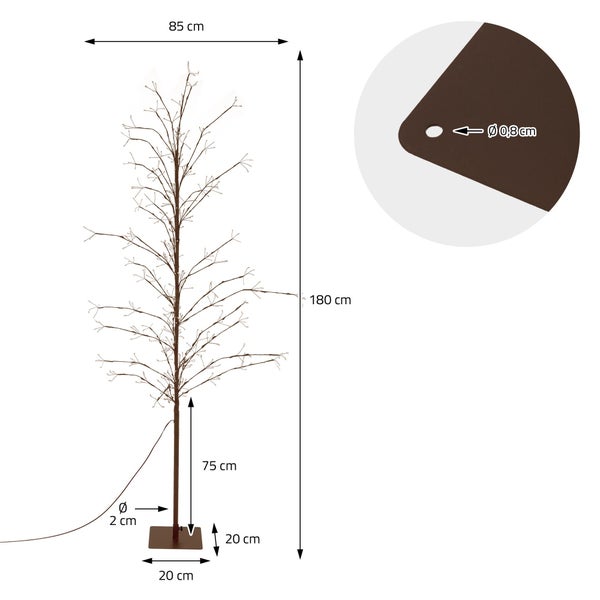 Maßzeichnung eines beleuchteten Dekobaums mit Standfuß, Höhe 180 cm, Breite 85 cm, Sockel 20 mal 20 cm, Stammdurchmesser 2 cm, Bohrloch 0,8 cm.