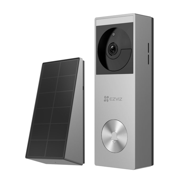 EZVIZ Logo, silberfarbene Video Türklingel mit Solarpanel