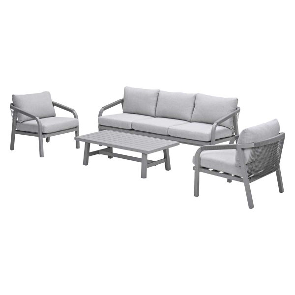 Garten-Lounge-Set aus Aluminium mit Seilbespannung bestehend aus einem Dreisitzer-Sofa, zwei Sesseln, einem Tisch und Polstern.