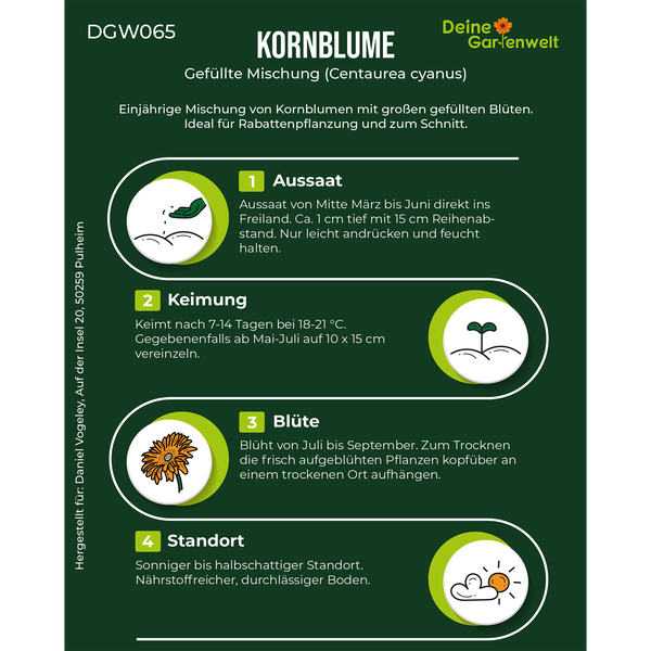 Anbauanleitung für Kornblumen (Centaurea cyanus): Aussaat, Keimung, Blüte und Standort. Deine Gartenwelt Logo.