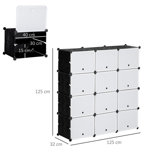 HOMCOM DIY Regalsystem mit 12 Würfeln stapelbar DIY-Würfelregal Schuhregal Aufbewahrungsregal Standregal Kleiderschrank von Büchern Spielzeug Schuhen Kunststoff Stahl Schwarz+Weiß 125 x 32 x 125 cm