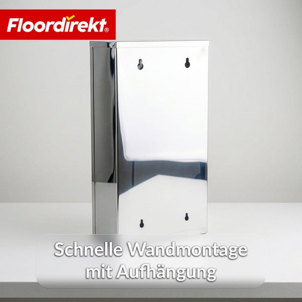 Floordirekt Logo. Verchromter Schrank für die Wandmontage mit vier Aufhängelöchern auf der Rückseite.
