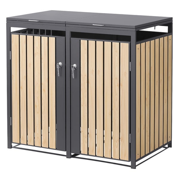 Mülltonnenbox für zwei Mülltonnen mit Holzlatten und Metallrahmen in Anthrazit.
