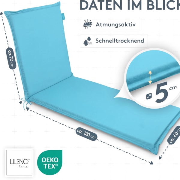LILENO HOME Liegenauflage, circa 120 mal 60 Zentimeter, Rückenteil circa 70 Zentimeter, Dicke circa 5 Zentimeter, OEKO-TEX zertifiziert, atmungsaktiv