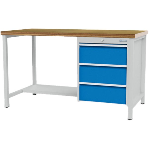 Werkbank mit Buche-Massivplatte, grauem Metallgestell und drei blauen Schubladen, abschließbar.