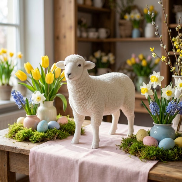 Osterdekoration mit einem Schaf, Frühlingsblumen und Ostereiern auf einem Holztisch als festliche Tischdekoration.