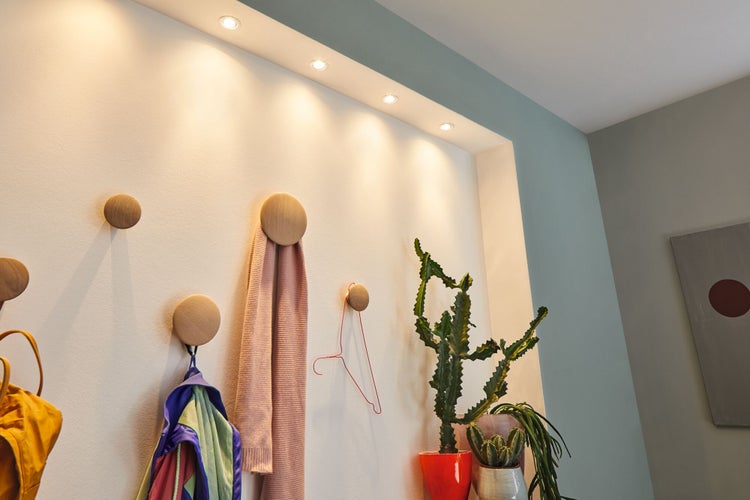 Hell gestalteter Flurbereich mit runden Wandhaken aus Holz, beleuchtet durch Einbaustrahler, mit hängender Kleidung und Zimmerpflanzen.