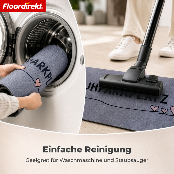 Fußmatte mit Schuhparkplatz Aufschrift beim Waschen in der Waschmaschine und beim Reinigen mit einem Staubsauger. Floordirekt Logo.