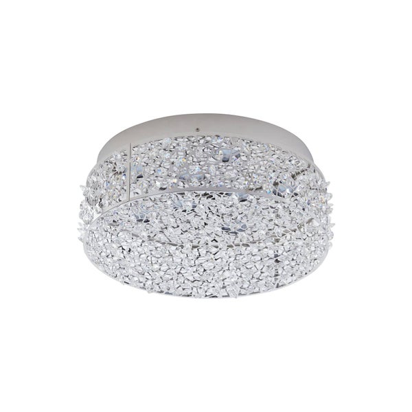 Runde Deckenleuchte mit Metallrahmen in Chromoptik und dekorativen Glaskristallen.