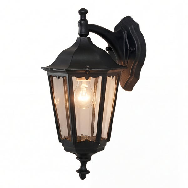 Schwarze Außenwandleuchte mit klarem Lampenschirm und Glühbirne