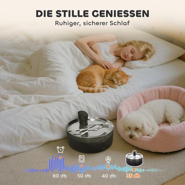 Szene mit einer schlafenden Frau, einer Katze, einem Hund und einem leisen Trinkbrunnen, der einen ruhigen Schlaf fördert.