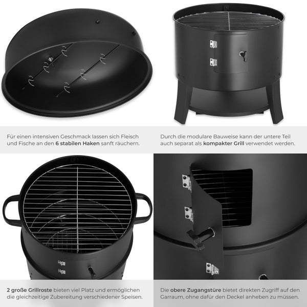 Funktionsübersicht eines multifunktionalen Räuchergrills mit Details zu Räucherhaken, Grillmodul, Grillrosten und seitlicher Zugangstür.