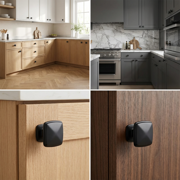 Collage von Küchendetails mit quadratischen Möbelknöpfen an Schränken
