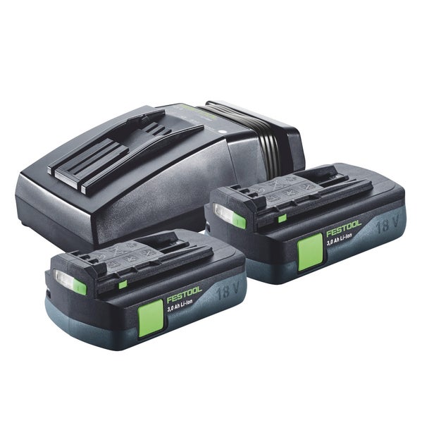 Festool Energie-Set bestehend aus einem Ladegerät und zwei 18 Volt Lithium-Ionen-Akkus mit 3 Amperestunden.
