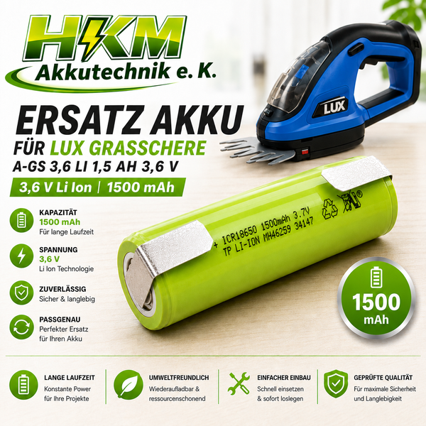 HKM Akkutechnik Ersatzakku für Lux Grasschere A-GS 3.6 Li mit 1500 mAh und 3.6 Volt für lange Laufzeit und zuverlässige Leistung.