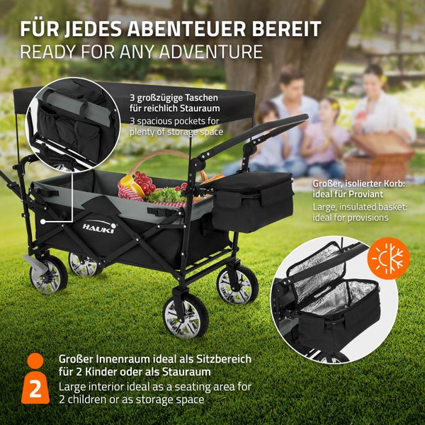 Hauki Bollerwagen XXL faltbar mit Dach & Tasche, Schwarz-Grau, Handwagen klappbar zum Schieben & Ziehen, Kinder Transportwagen, 360° drehbare Vorderräder, PU Räder mit Bremsen, Transportkarre 120 kg