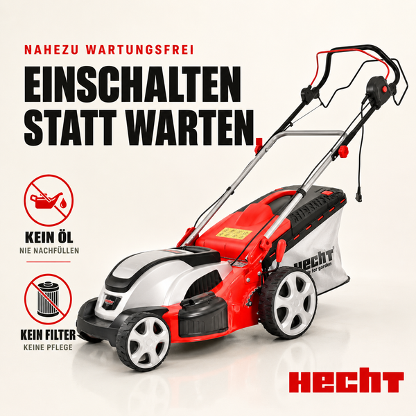 Roter Hecht Elektro-Rasenmäher, nahezu wartungsfrei, benötigt kein Öl und keinen Filter, mit Grasfangsack. Hecht Logo.
