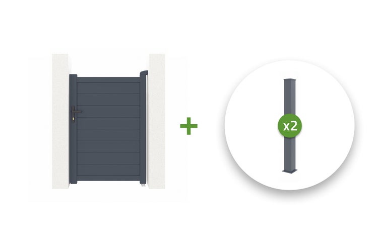 Aluminium-Gartentür in Anthrazit mit horizontalen Lamellen inklusive zwei passenden Pfosten.