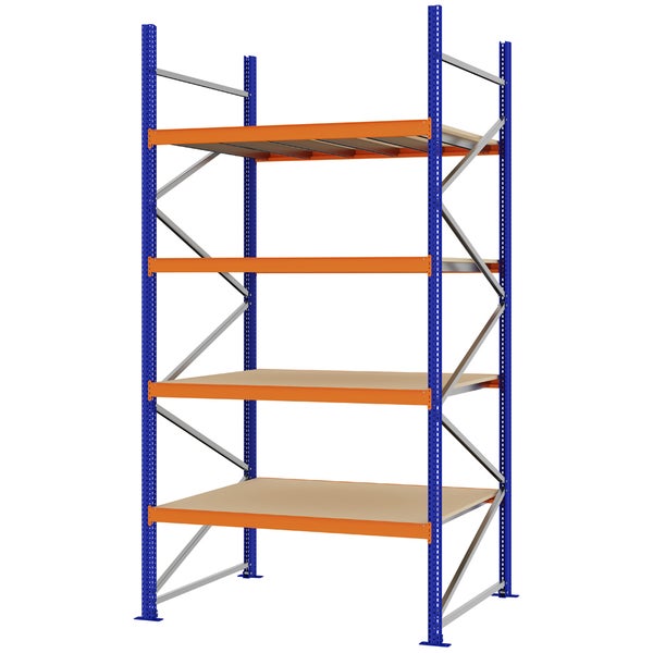 Weitspannregal mit blauem Metallrahmen, orangefarbenen Traversen und vier Holzböden für Werkstatt oder Lager.