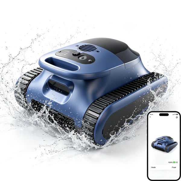 Automatischer Poolroboter mit Kettenantrieb im Wasser, gesteuert über eine Smartphone-App.