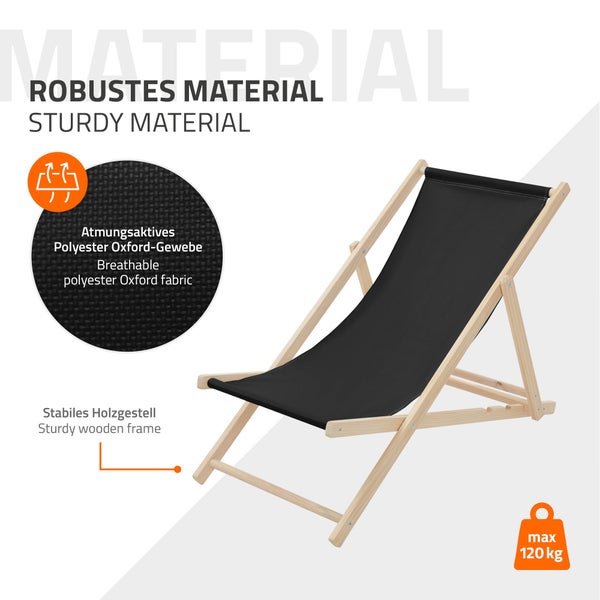 Liegestuhl mit stabilem Holzgestell und atmungsaktivem Polyester Oxford Gewebe, maximale Belastbarkeit 120 Kilogramm