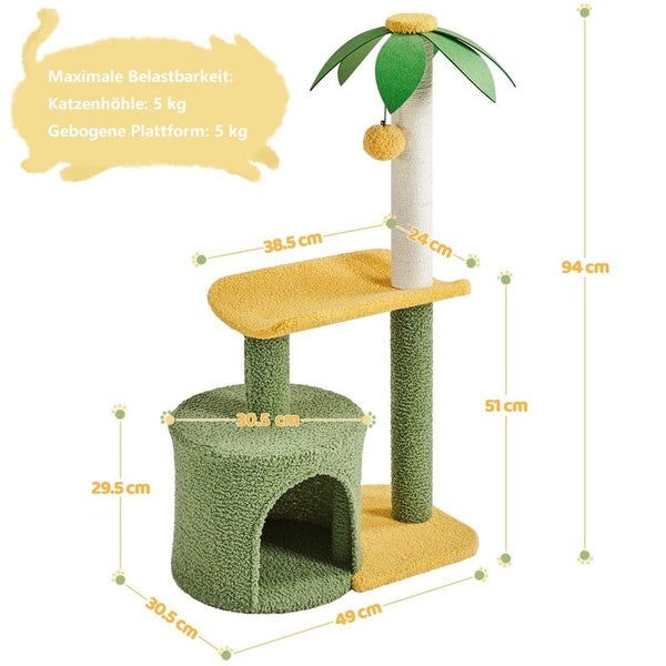 Katzenkratzbaum mit Katzenhöhle, Plattform und Spielzeug, Maße dargestellt