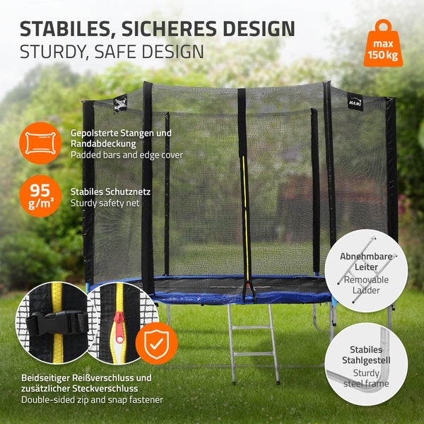 Hauki Trampolin Outdoor, Ø244 cm, Blau, GS geprüft, Rundes Gartentrampolin für Kinder bis 150 kg, Komplettset mit Sicherheitsnetz, Leiter, Randabdeckung, Gepolsterte Stangen, Stabile Kindertrampolin