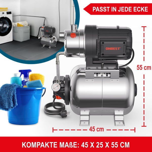 ONBEST Hauswasserwerk aus Edelstahl mit kompakten Maßen von 45 mal 25 mal 55 Zentimetern.