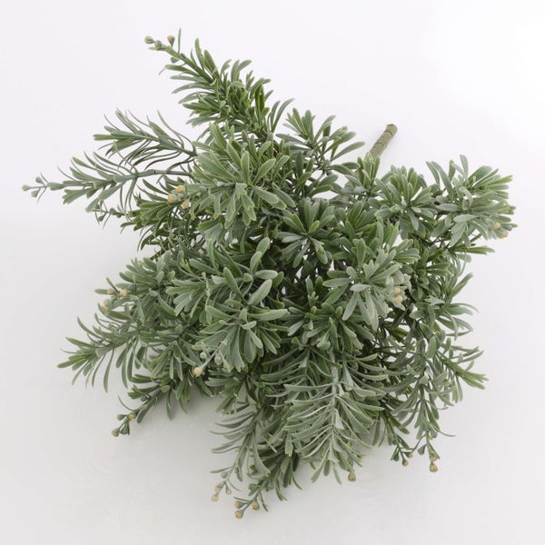 Künstlicher Zweig mit fein fiedrigen grünen Blättern und kleinen Knospen für Dekorationen.