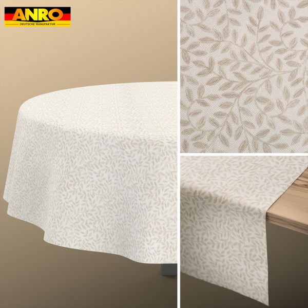 ANRO Logo. Abwaschbare Tischdecke mit Blattmuster, dargestellt in runder Form und als Tischläufer, Detailansicht der Oberflächenstruktur.