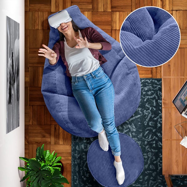 Green Bean Sitzsack mit Hocker aus Cord - Sitzsäcke für das Wohnzimmer, Schlafzimmer, Sitzsack-Sessel für Erwachsene Dunkelblau