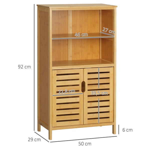 kleankin Badezimmerschrank, Unterschrank aus Bambus, Badschrank mit Lamellentüren, Beistellschrank, Mehrzweckschrank mit Kippschutz, Landhausstil, Naturholz, 50 x 29 x 92 cm