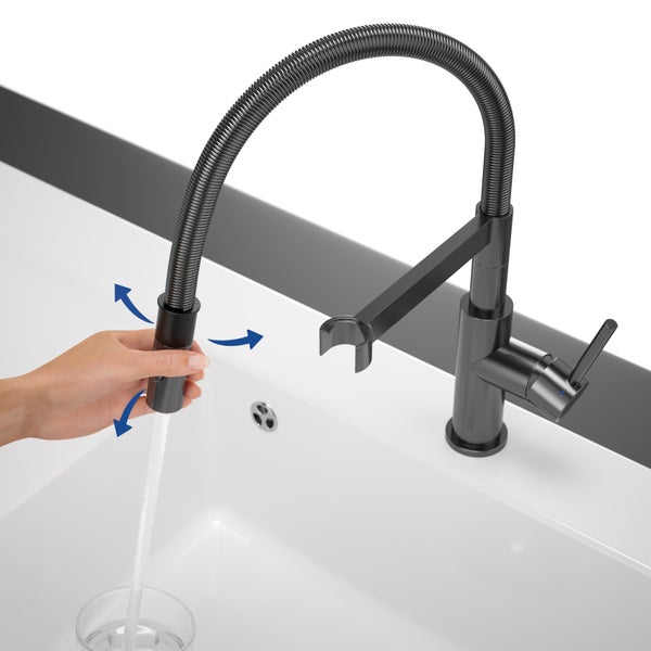 Villeroy & Boch Steel Expert Compact Küchenarmatur, Hochdruck, Wasserhahn Küche mit Umschaltfunktion und schwenkbarem Auslauf, Spültischarmatur wassersparend, Auslauf Höhe 143mm, Anthracite